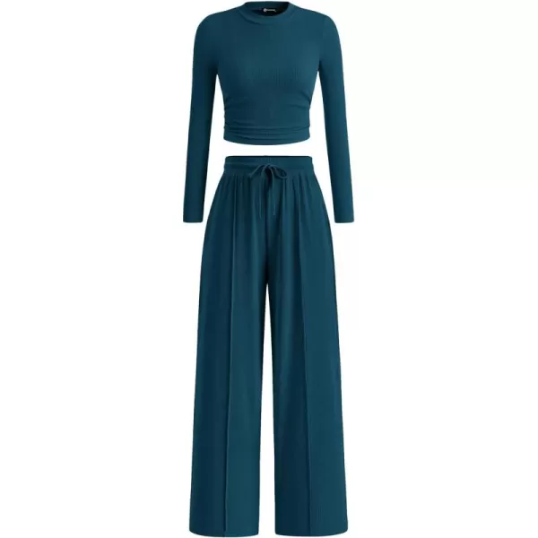 PRETTYGARDEN Womens 2 Piece Loungewear Long Sleeve Crop Top Wide Leg Palazzo Pants Set Tracksuits Casual OutfitLake Blue