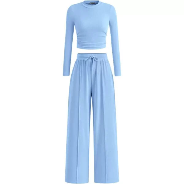 PRETTYGARDEN Womens 2 Piece Loungewear Long Sleeve Crop Top Wide Leg Palazzo Pants Set Tracksuits Casual OutfitLight Blue