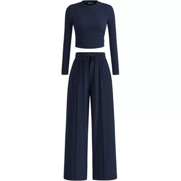 PRETTYGARDEN Womens 2 Piece Loungewear Long Sleeve Crop Top Wide Leg Palazzo Pants Set Tracksuits Casual OutfitNavy
