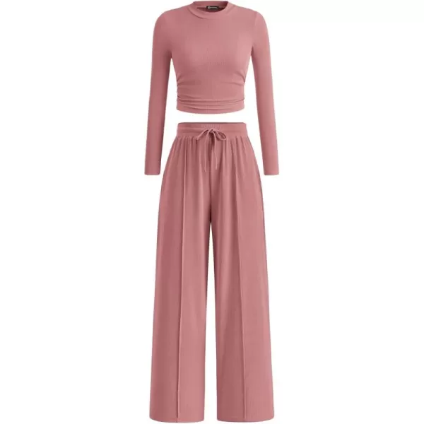 PRETTYGARDEN Womens 2 Piece Loungewear Long Sleeve Crop Top Wide Leg Palazzo Pants Set Tracksuits Casual OutfitPink