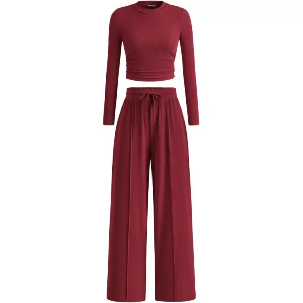 PRETTYGARDEN Womens 2 Piece Loungewear Long Sleeve Crop Top Wide Leg Palazzo Pants Set Tracksuits Casual OutfitWine Red