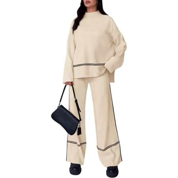 PRETTYGARDEN Womens Fall 2 Piece Outfits Long Sleeve Pullover Sweater Wide Leg Pants Lounge Sets TracksuitsApricot