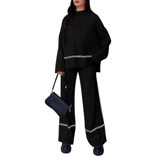 PRETTYGARDEN Womens Fall 2 Piece Outfits Long Sleeve Pullover Sweater Wide Leg Pants Lounge Sets TracksuitsBlack
