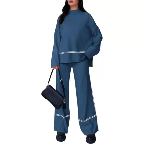 PRETTYGARDEN Womens Fall 2 Piece Outfits Long Sleeve Pullover Sweater Wide Leg Pants Lounge Sets TracksuitsBlue