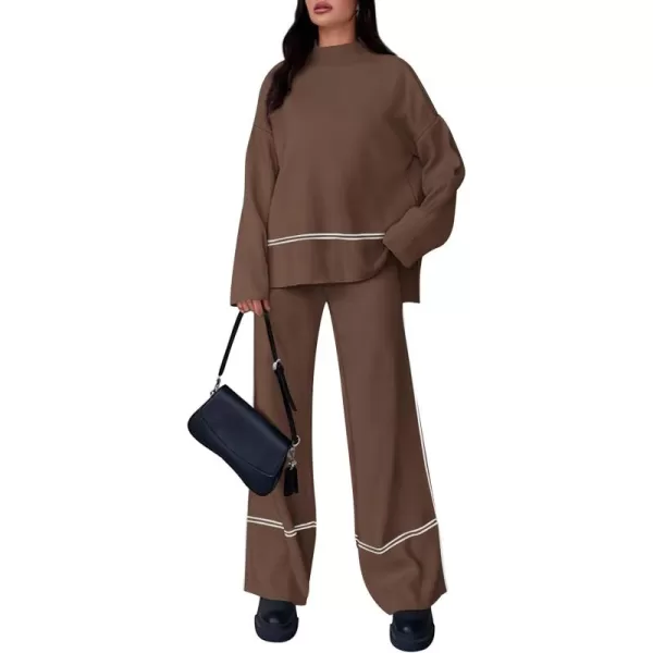 PRETTYGARDEN Womens Fall 2 Piece Outfits Long Sleeve Pullover Sweater Wide Leg Pants Lounge Sets TracksuitsBrown