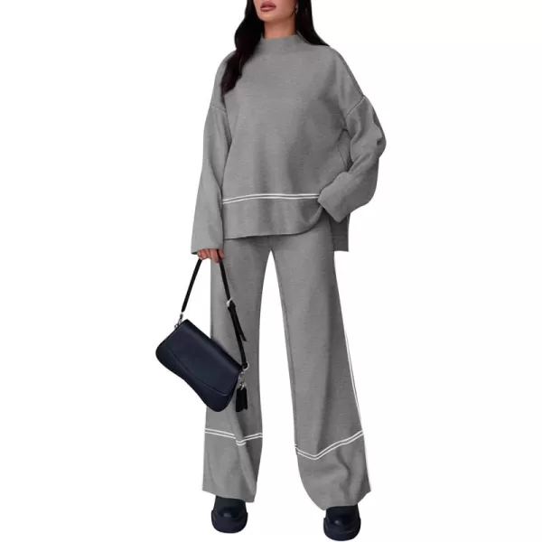 PRETTYGARDEN Womens Fall 2 Piece Outfits Long Sleeve Pullover Sweater Wide Leg Pants Lounge Sets TracksuitsGrey
