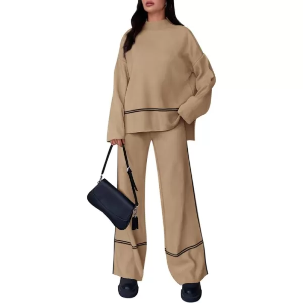 PRETTYGARDEN Womens Fall 2 Piece Outfits Long Sleeve Pullover Sweater Wide Leg Pants Lounge Sets TracksuitsKhaki