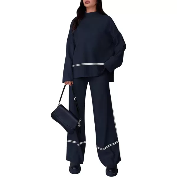 PRETTYGARDEN Womens Fall 2 Piece Outfits Long Sleeve Pullover Sweater Wide Leg Pants Lounge Sets TracksuitsNavy