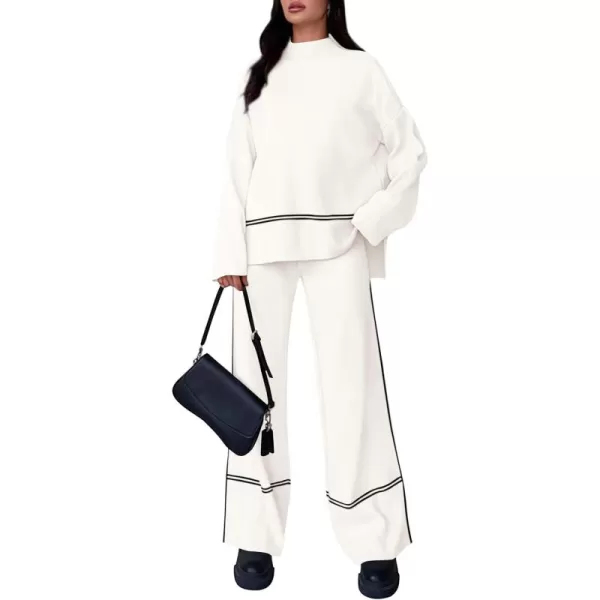 PRETTYGARDEN Womens Fall 2 Piece Outfits Long Sleeve Pullover Sweater Wide Leg Pants Lounge Sets TracksuitsWhite
