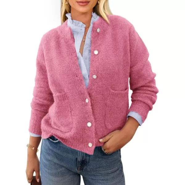 PRETTYGARDEN Womens Knit Cardigan Sweaters Casual Long Sleeve Open Front Button Up Ribbed Fall Sweater JacketsRose Red