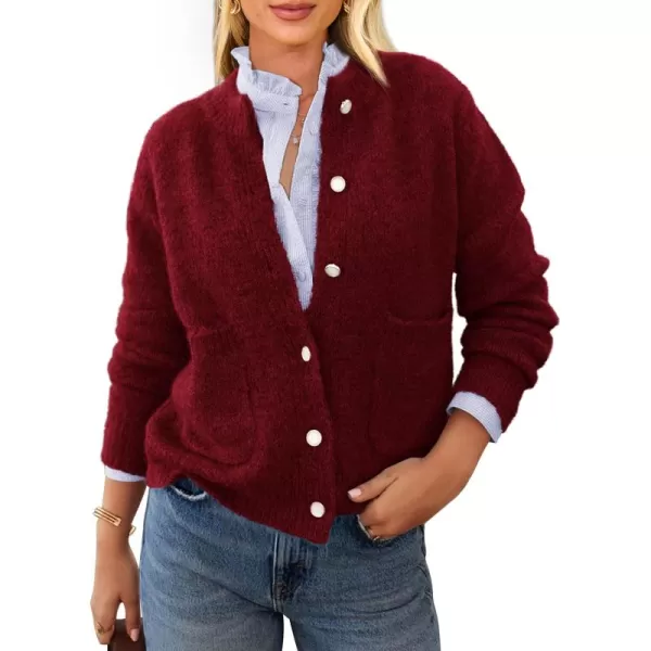 PRETTYGARDEN Womens Knit Cardigan Sweaters Casual Long Sleeve Open Front Button Up Ribbed Fall Sweater JacketsWine Red