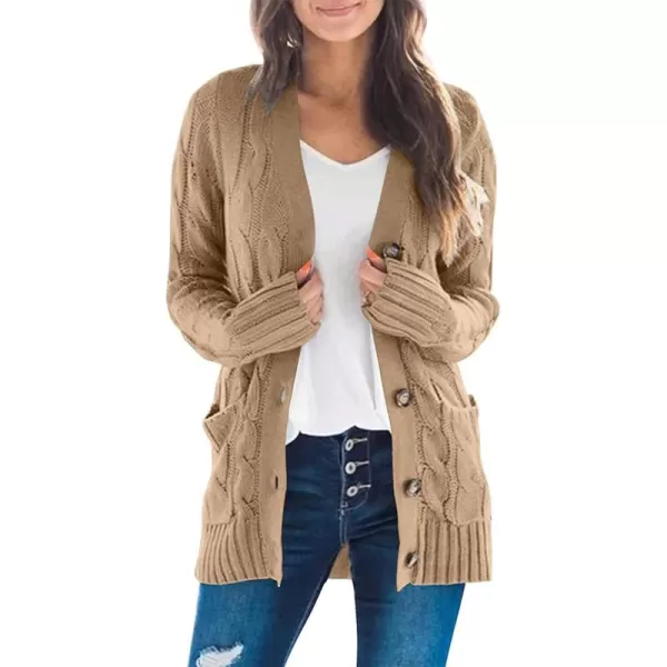 PRETTYGARDEN Womens Open Front Cardigan Sweaters Fashion Button Down Cable Knit Chunky Outwear CoatsKhaki