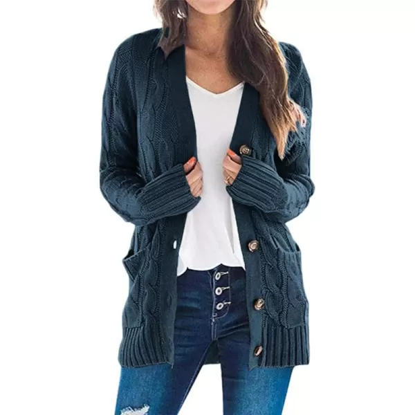 PRETTYGARDEN Womens Open Front Cardigan Sweaters Fashion Button Down Cable Knit Chunky Outwear CoatsLake Blue