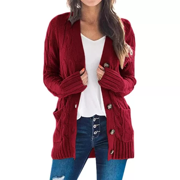 PRETTYGARDEN Womens Open Front Cardigan Sweaters Fashion Button Down Cable Knit Chunky Outwear CoatsWine Red