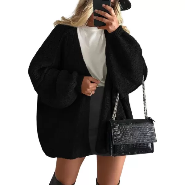 PRETTYGARDEN Womens Oversized Cardigan Sweaters 2024 Fall Long Lantern Sleeve Knit Open Front Lightweight SweaterBlack