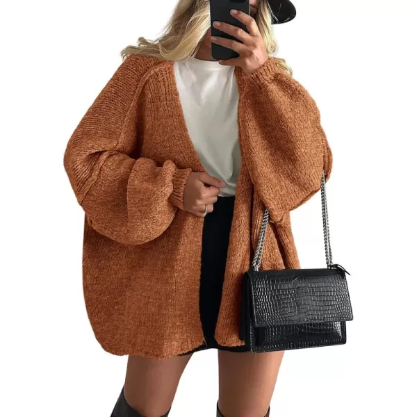 PRETTYGARDEN Womens Oversized Cardigan Sweaters 2024 Fall Long Lantern Sleeve Knit Open Front Lightweight SweaterBrick Red