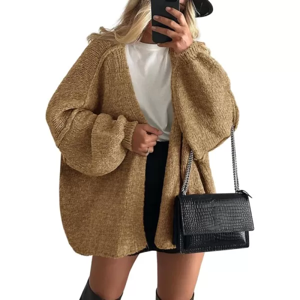 PRETTYGARDEN Womens Oversized Cardigan Sweaters 2024 Fall Long Lantern Sleeve Knit Open Front Lightweight SweaterCamel