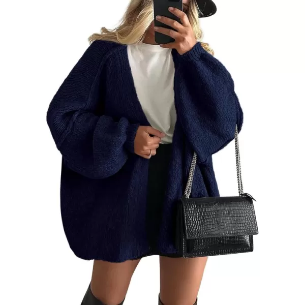 PRETTYGARDEN Womens Oversized Cardigan Sweaters 2024 Fall Long Lantern Sleeve Knit Open Front Lightweight SweaterNavy