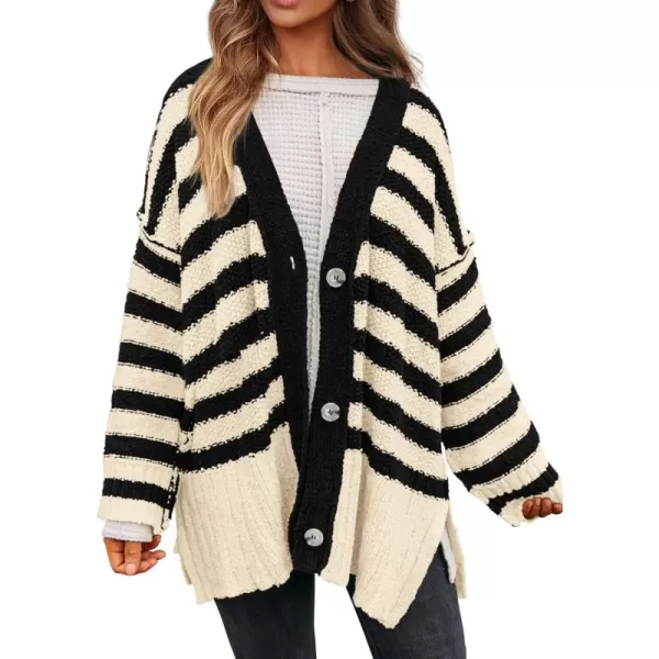 PRETTYGARDEN Womens Striped Cardigan Sweaters Long Sleeve Button Down Chunky Knit Oversized Fall Sweater CoatStriped Beige Black