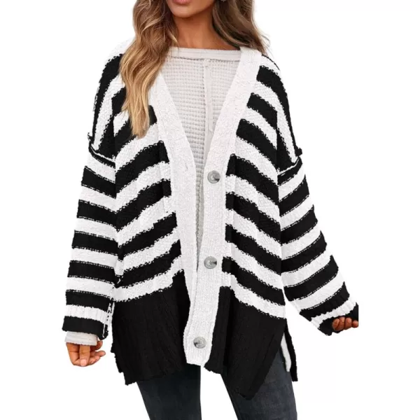 PRETTYGARDEN Womens Striped Cardigan Sweaters Long Sleeve Button Down Chunky Knit Oversized Fall Sweater CoatStriped Black White