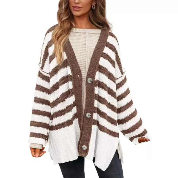 PRETTYGARDEN Womens Striped Cardigan Sweaters Long Sleeve Button Down Chunky Knit Oversized Fall Sweater CoatStriped White Coffee