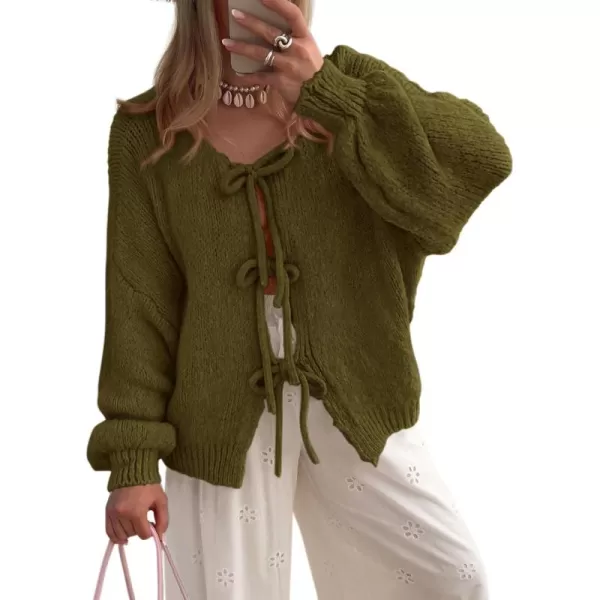 PRETTYGARDEN Womens Tie Front Bow Cardigan Sweaters Chunky Knit Long Puff Sleeve Trendy Fall Winter Jacket CoatsArmy Green
