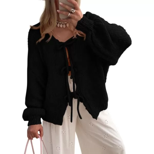 PRETTYGARDEN Womens Tie Front Bow Cardigan Sweaters Chunky Knit Long Puff Sleeve Trendy Fall Winter Jacket CoatsBlack