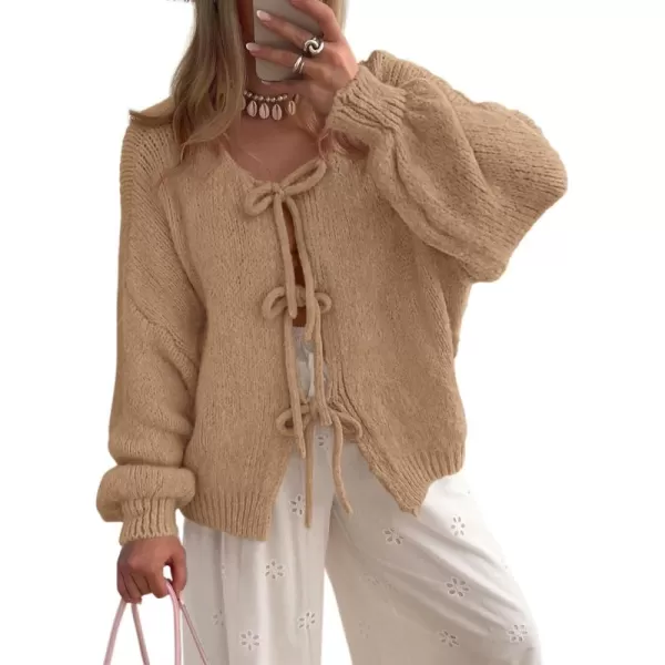 PRETTYGARDEN Womens Tie Front Bow Cardigan Sweaters Chunky Knit Long Puff Sleeve Trendy Fall Winter Jacket CoatsCamel
