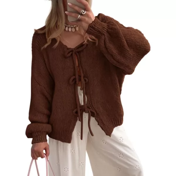 PRETTYGARDEN Womens Tie Front Bow Cardigan Sweaters Chunky Knit Long Puff Sleeve Trendy Fall Winter Jacket CoatsCaramel