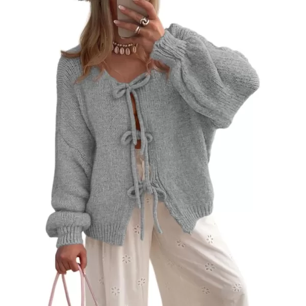 PRETTYGARDEN Womens Tie Front Bow Cardigan Sweaters Chunky Knit Long Puff Sleeve Trendy Fall Winter Jacket CoatsLight Grey