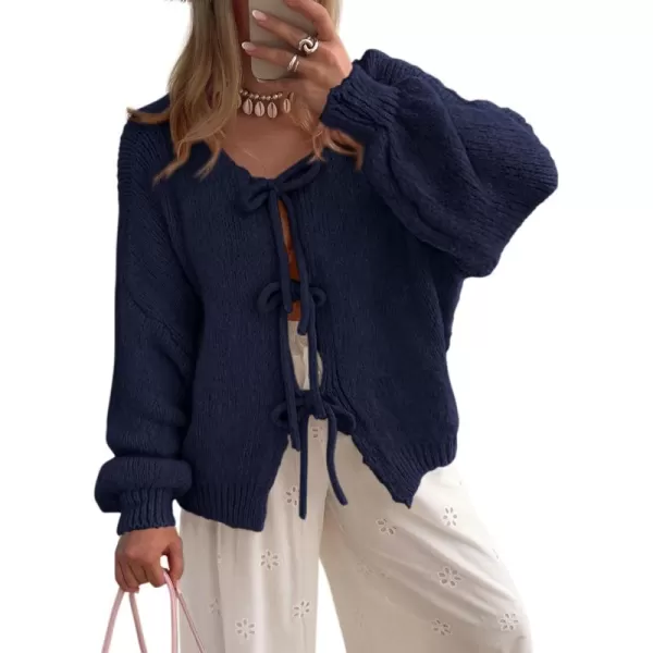 PRETTYGARDEN Womens Tie Front Bow Cardigan Sweaters Chunky Knit Long Puff Sleeve Trendy Fall Winter Jacket CoatsNavy