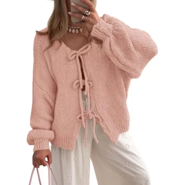 PRETTYGARDEN Womens Tie Front Bow Cardigan Sweaters Chunky Knit Long Puff Sleeve Trendy Fall Winter Jacket CoatsPink