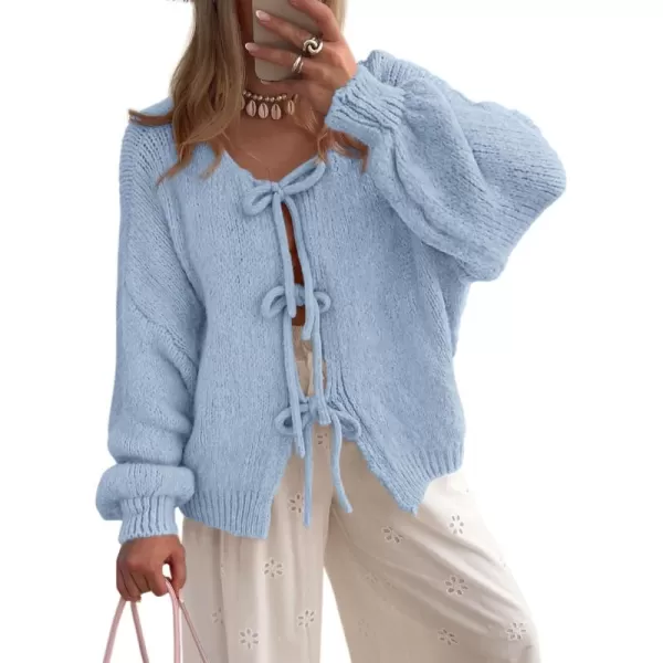 PRETTYGARDEN Womens Tie Front Bow Cardigan Sweaters Chunky Knit Long Puff Sleeve Trendy Fall Winter Jacket CoatsSky Blue