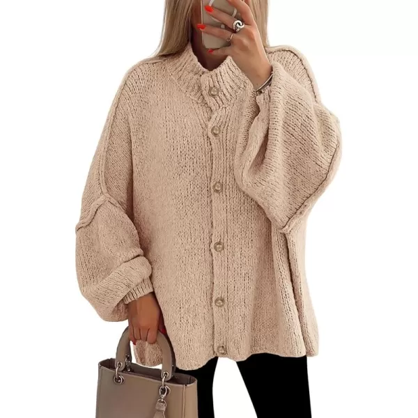 PRETTYGARDEN Womens Winter Button Down Cardigan Sweaters Mock Neck Lantern Long Sleeve Chunky Knit Jacket Trendy OuterwearApricot