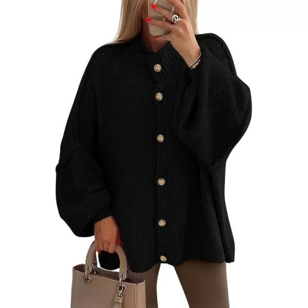 PRETTYGARDEN Womens Winter Button Down Cardigan Sweaters Mock Neck Lantern Long Sleeve Chunky Knit Jacket Trendy OuterwearBlack