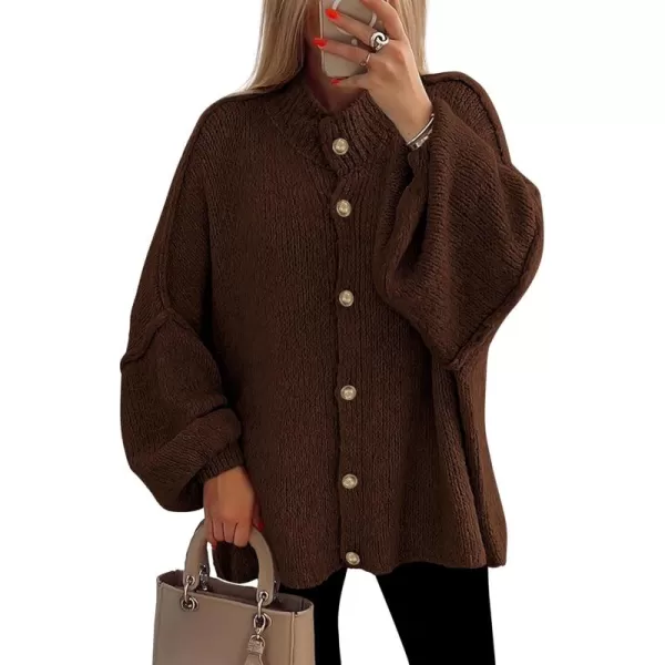 PRETTYGARDEN Womens Winter Button Down Cardigan Sweaters Mock Neck Lantern Long Sleeve Chunky Knit Jacket Trendy OuterwearBrown