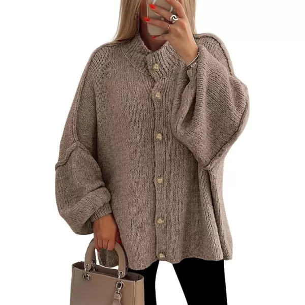 PRETTYGARDEN Womens Winter Button Down Cardigan Sweaters Mock Neck Lantern Long Sleeve Chunky Knit Jacket Trendy OuterwearCamel