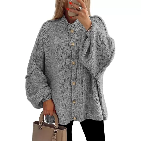 PRETTYGARDEN Womens Winter Button Down Cardigan Sweaters Mock Neck Lantern Long Sleeve Chunky Knit Jacket Trendy OuterwearGrey