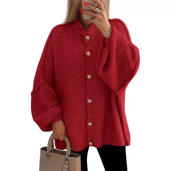 PRETTYGARDEN Womens Winter Button Down Cardigan Sweaters Mock Neck Lantern Long Sleeve Chunky Knit Jacket Trendy OuterwearJujube Red