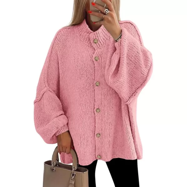 PRETTYGARDEN Womens Winter Button Down Cardigan Sweaters Mock Neck Lantern Long Sleeve Chunky Knit Jacket Trendy OuterwearPink