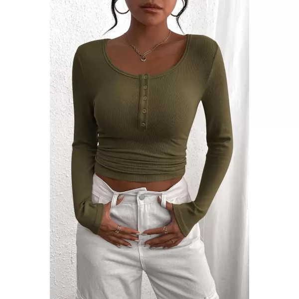 PRETTYGARDEN Womens 2024 Fall Long Sleeve Henley T Shirts Button Ribbed Knit Slim Fit Casual Basic Tops BlouseArmy Green
