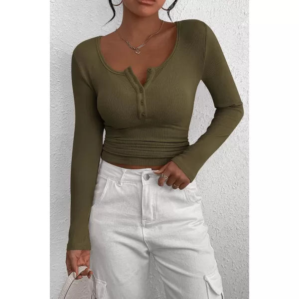 PRETTYGARDEN Womens 2024 Fall Long Sleeve Henley T Shirts Button Ribbed Knit Slim Fit Casual Basic Tops BlouseArmy Green