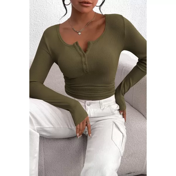 PRETTYGARDEN Womens 2024 Fall Long Sleeve Henley T Shirts Button Ribbed Knit Slim Fit Casual Basic Tops BlouseArmy Green