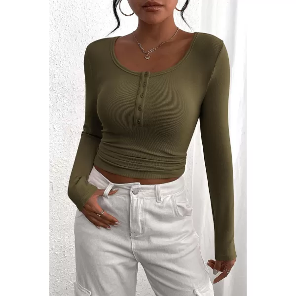 PRETTYGARDEN Womens 2024 Fall Long Sleeve Henley T Shirts Button Ribbed Knit Slim Fit Casual Basic Tops BlouseArmy Green