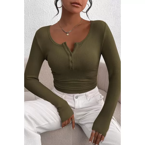 PRETTYGARDEN Womens 2024 Fall Long Sleeve Henley T Shirts Button Ribbed Knit Slim Fit Casual Basic Tops BlouseArmy Green