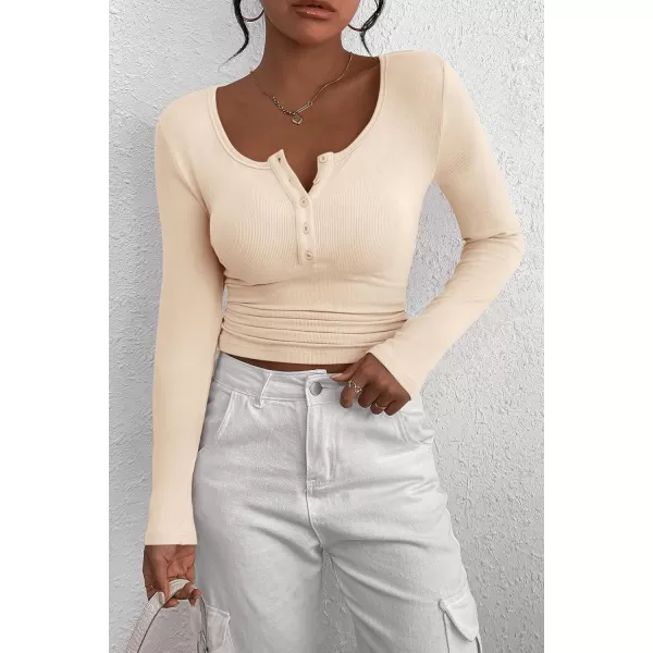 PRETTYGARDEN Womens 2024 Fall Long Sleeve Henley T Shirts Button Ribbed Knit Slim Fit Casual Basic Tops BlouseBeige