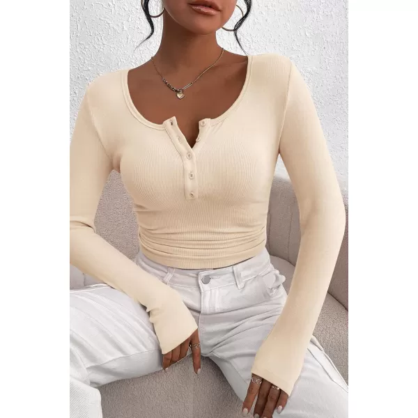 PRETTYGARDEN Womens 2024 Fall Long Sleeve Henley T Shirts Button Ribbed Knit Slim Fit Casual Basic Tops BlouseBeige