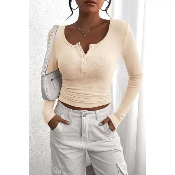 PRETTYGARDEN Womens 2024 Fall Long Sleeve Henley T Shirts Button Ribbed Knit Slim Fit Casual Basic Tops BlouseBeige