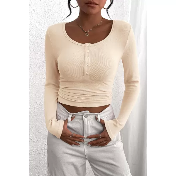 PRETTYGARDEN Womens 2024 Fall Long Sleeve Henley T Shirts Button Ribbed Knit Slim Fit Casual Basic Tops BlouseBeige