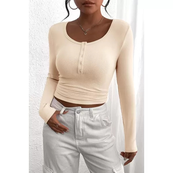 PRETTYGARDEN Womens 2024 Fall Long Sleeve Henley T Shirts Button Ribbed Knit Slim Fit Casual Basic Tops BlouseBeige
